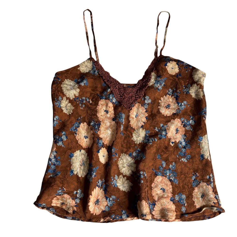 Vintage Silkscreen Silk Floral Cami Brown Crochet Lace Trim Tank Top Size Medium